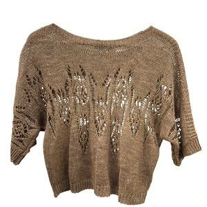 Nic + Zoe Crochet Knit Sweater Top Brown Open Weave Womens PS Short Sleeve‎ Boho